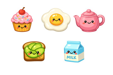 Fototapeta premium A collection of five cute cartoon food characters including a cupcake, fried egg, pink teapot, avocado toast, and a milk carton, all featuring happy smiling faces on a black background.