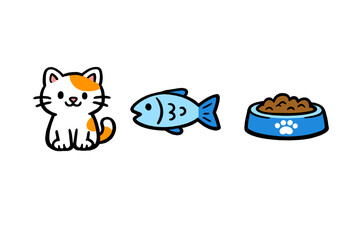 Obraz premium A cute cartoon cat with orange patches sits next to a blue fish and a blue pet food bowl filled with kibble. The simple flat illustration is set against a solid black background.
