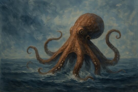 pintura de pulpo saliendo del mar