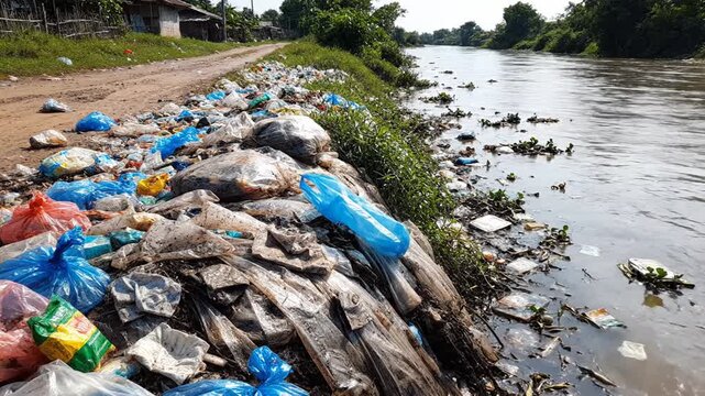 Riverbank Littered With Plastic Trash Affecting Natural Environment and Waterway Health