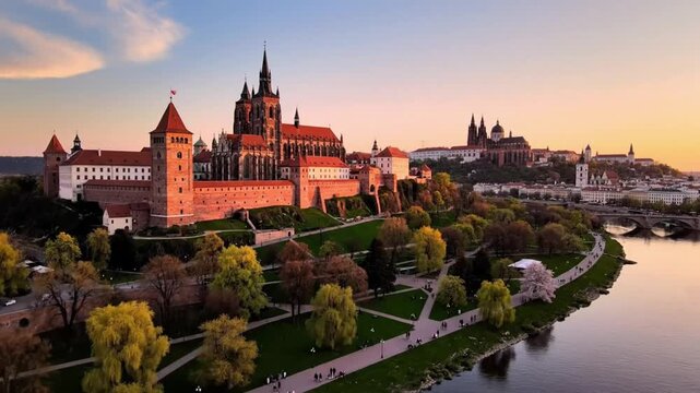 Sunset over vltava river with prague castle and cherry blossoms in spring