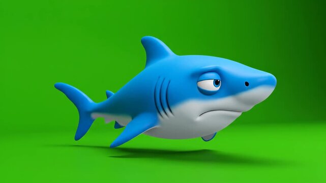 Sad 3D cartoon shark mascot floating on a bright green screen, perfect for chroma key removal and explainer video content.