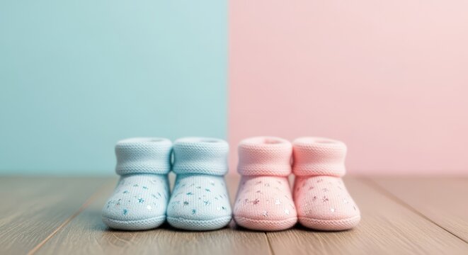Blue and pink baby socks on wooden floor against pastel background, gender reveal concept
