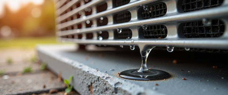 Water droplets condensing and dripping from outdoor air conditioning unit  