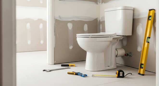New toilet installation in unfinished bathroom with tools and drywall renovation project
