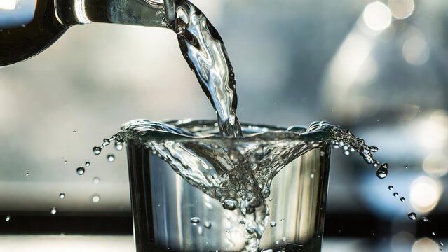 Close up of fresh water being poured from a glass bottle into a small glass with dynamic splash