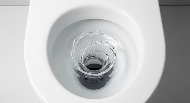 Toilet bowl with swirling water flush close up view