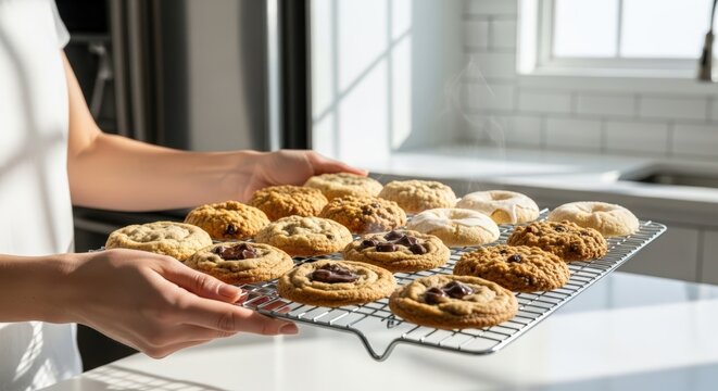 Assorted freshly baked cookies cooling on wire rack in sunlit kitchen
