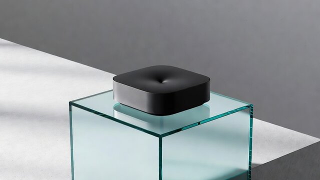 Modern black square electronic device with rounded corners resting on a clear glass pedestal cube