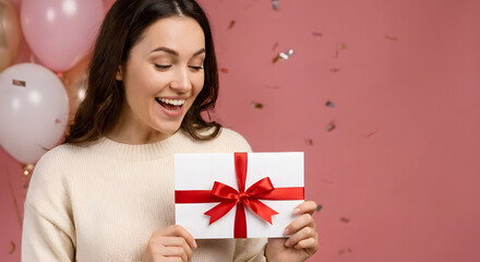 Woman Holding a Surprise Envelope with Red Ribbon on Pink Background for Birthday, Surprise, and Celebration Concepts.
