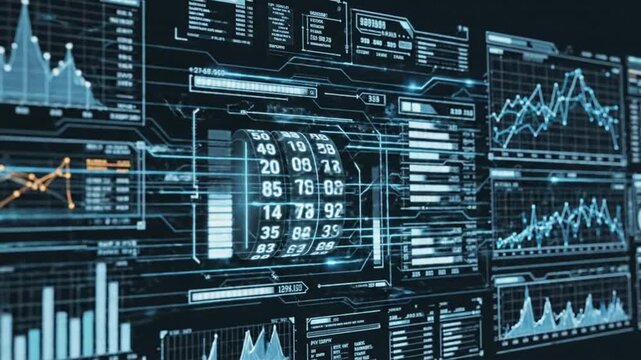 Data analysis and visualization in a high-tech environment with graphs and charts displayed on screens
