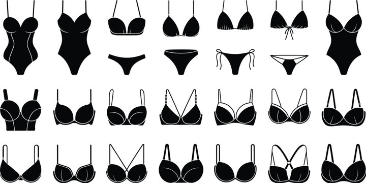 Women&rsquo;s lingerie and swimwear silhouette vector illustration showcasing diverse fashion styles, intimate apparel designs, bikini tops, bras, and swimsuits