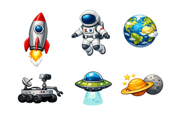 A collection of six space themed cartoon icons featuring a rocket ship, an astronaut, planet Earth, a lunar rover, a flying saucer, and a ringed planet with a moon on a black background. © Alan