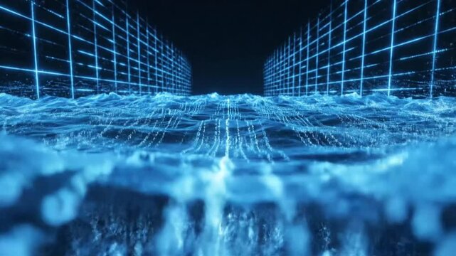 Digital waves move through a grid in a dark space showing flowing patterns and data bits