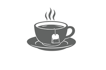 Obraz premium A gray and white illustration of a steaming cup of tea on a saucer with a tea bag hanging out, isolated on a black background. This minimalist graphic depicts a hot beverage.
