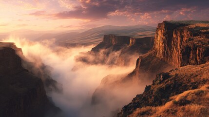 Dramatic landscape with rocky cliffs cloud formations and golden light at sunset