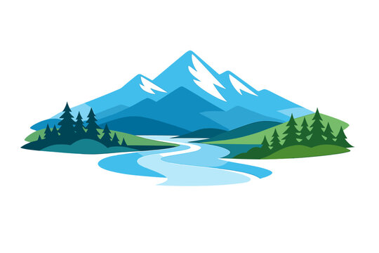 A stylized vector illustration of a mountain landscape featuring snow-capped peaks, a winding blue river, and green hills with pine trees against a black background.