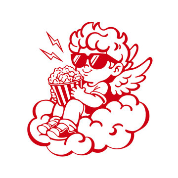 cute cherub angel cartoon character with wings sunglasses and popcorn sitting on cloud with lightning in fantasy magical style for funny red outline graphic design sticker poster print logo and entert