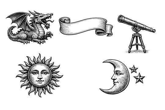 A collection of vintage woodcut illustrations featuring a dragon, a blank scroll, a telescope, a sun with a face, and a crescent moon with stars on a black background.