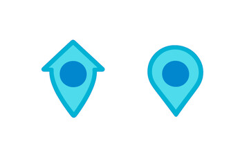 Two blue location pin icons are displayed on a solid black background. One icon features a house shape at the top, while the other has a traditional rounded design with a central circle.