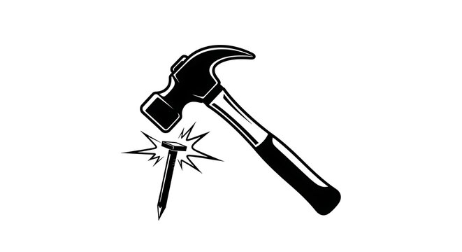 Strong Hammer Hitting Nail Construction Vector Emblem