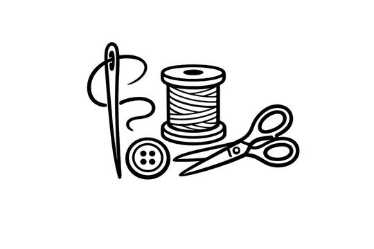 A white line art illustration featuring a needle with thread, a spool of thread, a four-hole button, and a pair of scissors, all arranged on a solid black background.