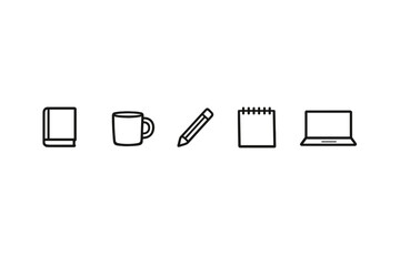 A collection of five minimalist line art icons representing office and study supplies, including a book, a mug, a pencil, a spiral notebook, and a laptop, set against a black background.