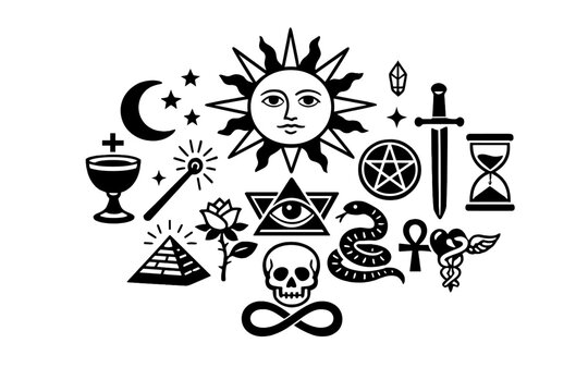 A collection of white occult and mystical symbols including a sun with a face, skull, pentagram, and eye of providence, arranged on a solid black background in a minimalist style.