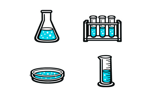 A collection of four laboratory glassware icons featuring an Erlenmeyer flask, test tubes in a rack, a petri dish, and a graduated cylinder with blue liquid on a black background.