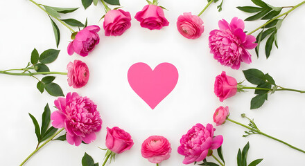 Pink Peony Flowers Arranged in Heart Shape on White Background for Valentine&rsquo;s Day, Love, and Floral Decoration Concepts.