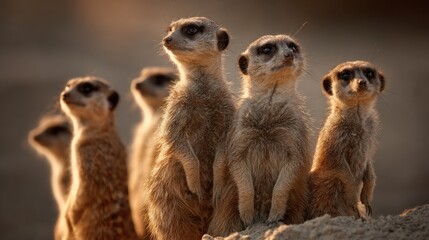 Group of meerkats standing alert and looking upwards in natural sunlight