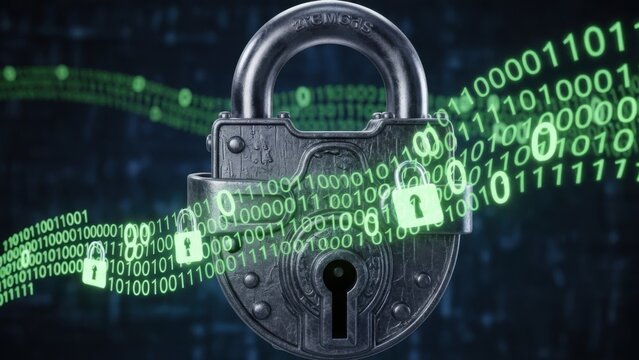 Digital Security - Encrypted Padlock with Binary Code Flowing.