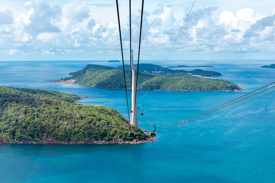 Hon Thom cable car system is 7,899m long, with the highest pillar 174m - the world's longest three-wire cable car system across the sea - connecting Phu Quoc with Hon Thom island, Kien Giang, Vietnam