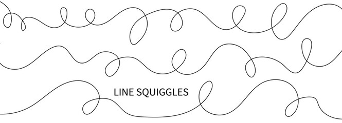 Obraz premium Long, wavy, thin squiggle and abstract curve for a cable or curvy drawing with a continuous line. Hand-drawn squiggly border and spiral element set on a white background, perfect for a simple.