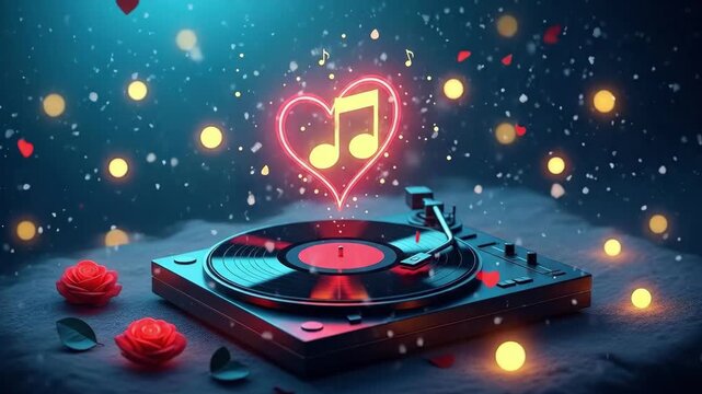 Record player with neon heart and music note illustration for romance and love song concept. Valentines Day music selection.