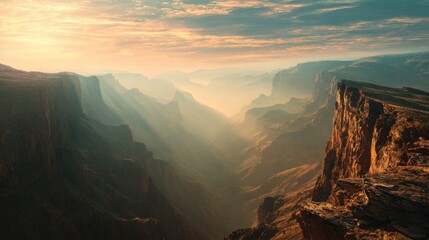 Dramatic landscape with rocky cliffs and canyons bathed in warm sunlight