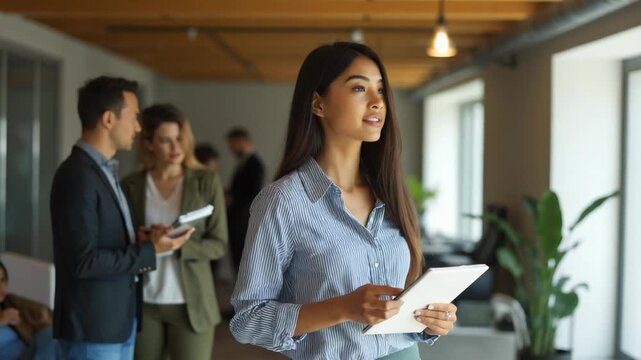 shot of attractive latin business lady hold notebook chatting colleagues read report meet partners friendly person wear striped shirt green pants stand modern interior office indoors fashio.