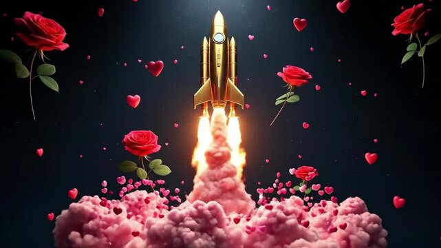 Gold rocket launching with fire of red hearts and roses. Concept of love and romance, Valentines Day. Romantic journey and passion.