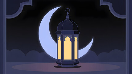 Obraz premium Ramadan lantern with crescent moon illustration