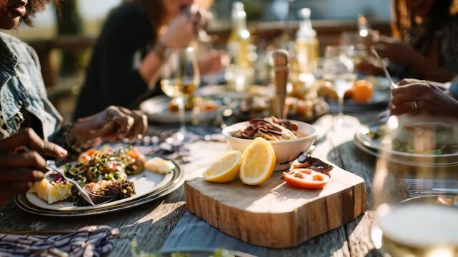 A group of people share a colorful, healthy meal at a rustic wooden table outdoors, surrounded by sunlight and greenery. Glasses of white wine and fresh dishes highlight a joyful gathering