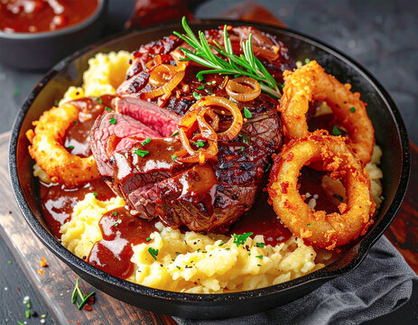 Rustic braised roast beef, onion rings, mashed potatoes and brown gravy, black iron pan. AI