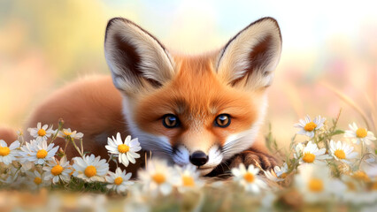Fototapeta premium Adorable red fox resting among daisies in a sunlit meadow scene