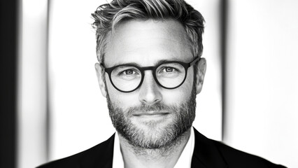 Mature man male with glasses and beard in black and white portrait © Cherstva