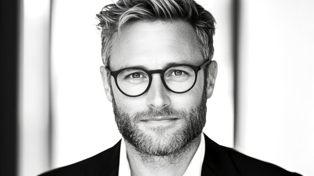 Mature man male with glasses and beard in black and white portrait