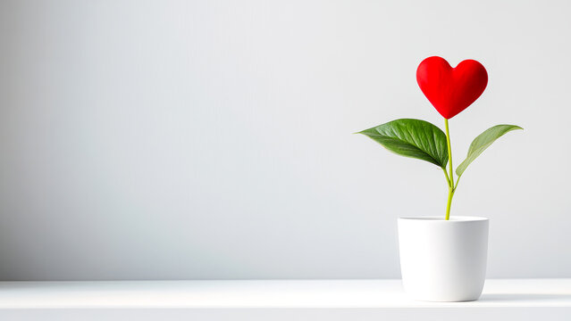 Heart shaped red flower plant in white pot on minimalist white background