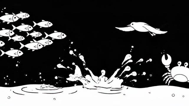 Animated underwater scene featuring a school of fish, a crab, and a dolphin in black and white line art. Perfect for kids' educational videos.