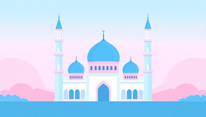 Fototapeta premium Illustration of majestic blue mosque at sunset with minarets and soft pastel sky background
