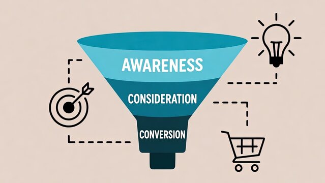 Marketing sales funnel infographic, awareness consideration and conversion stages, digital business strategy diagram with icons