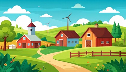 Naklejka premium Charming countryside village with red barns and wind turbines under blue sky