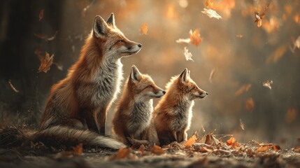 Family of foxes in autumn landscape with falling leaves wildlife scene